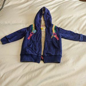 Mini Boden Fun Shaggy Lined Hoodie Size 3-4Y. Navy with pink, yellow, green